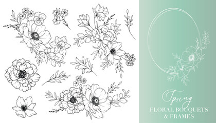Fototapeta premium Spring Flowers Line Drawing. Floral Frames and Bouquets. Floral Line Art. Fine Line Spring Frames Hand Drawn Illustration. Hand Drawn Outline Flowers. Wedding Invitations and Cards design element