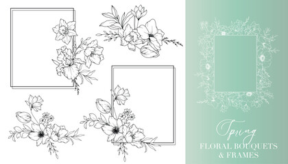 Spring Flowers Line Drawing. Floral Frames and Bouquets. Floral Line Art. Fine Line Spring Frames Hand Drawn Illustration. Hand Drawn Outline Flowers. Wedding Invitations and Cards design element