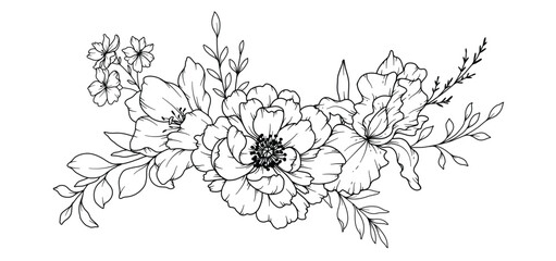 Spring Flowers Line Drawing. Black and white Floral Bouquets. Flower Coloring Page. Floral Line Art. Fine Line Flowers illustration. Hand Drawn flowers. Botanical Coloring. Wedding invitation flowers - obrazy, fototapety, plakaty