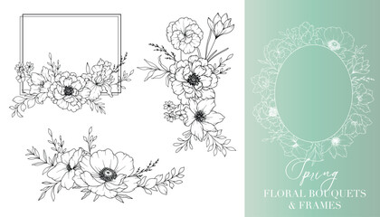Spring Flowers Line Drawing. Floral Frames and Bouquets. Floral Line Art. Fine Line Spring Frames Hand Drawn Illustration. Hand Drawn Outline Flowers. Wedding Invitations and Cards design element