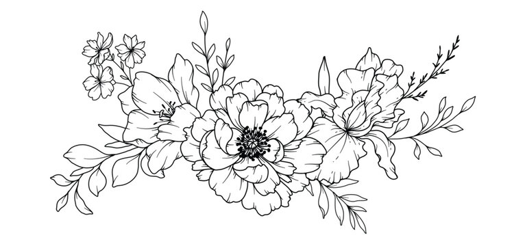 Spring Flowers Line Drawing. Black and white Floral Bouquets. Flower Coloring Page. Floral Line Art. Fine Line Flowers illustration. Hand Drawn flowers. Botanical Coloring. Wedding invitation flowers