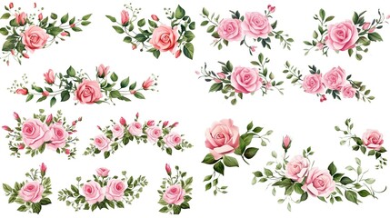 Spring sakura cherry blooming flowers bouquet. Isolated realistic pink petals, blossom, branches, leaves vector set. Design spring tree illustration,generative ai