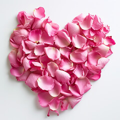 A heart made of pink rose petals on white background.