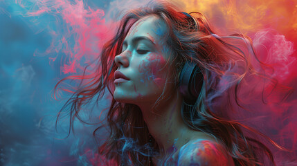 Girl with headphones with colorful painted vivid drops around her, on color background. An illustration of auditory hallucinations or enjoyment of music. Mental health concept, Banner