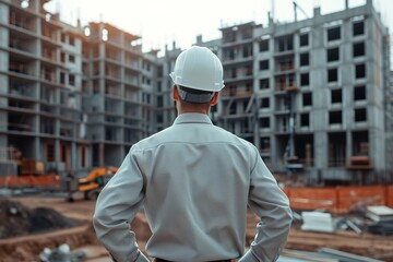 Fototapeta premium Back view of construction engineer in standard safety looking at the building in the construction site