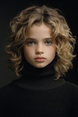 Fototapeta premium an editorial fashion magazine beauty artistic head-shot front portrait of a cute young angel-like girl with curly hair in a turtleneck sweater
