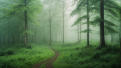 Obraz premium Fog in the green forest meadow with path panorama image