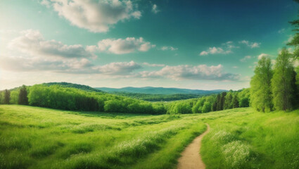 panorama Landscape green Forest path with the beautiful blossoming meadow AI Generated