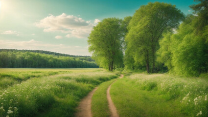 Fototapeta na wymiar panorama Landscape green Forest path with the beautiful blossoming meadow AI Generated