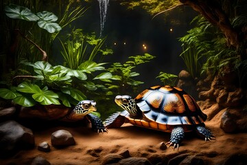  a lush, sunlit habitat. Impeccable lighting accentuates its intricate shell and the vibrant surroundings, creating a super realistic depiction that celebrates the beauty of this species.