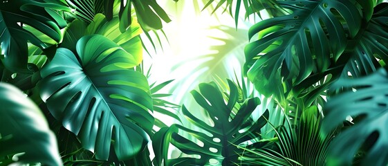 palm leaves background, closeup nature view of tropical green monstera leaf and palms background. Flat lay, fresh wallpaper banner concept