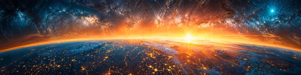 Dramatic Cosmic Sunrise Over Planet Earth - obrazy, fototapety, plakaty