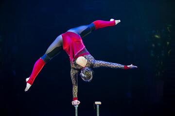 A gymnast performs in a show. A girl gymnast performs a circus acrobatic performance.