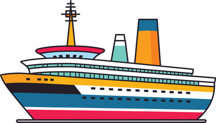 Colorful cruise ship side view on ocean. Travel and vacation theme, luxury liner. Nautical vessel, sea transportation vector illustration.