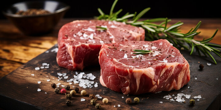 raw meat with spices,Raw beef filet Mignon steak on a wooden Board with peppers and herbs AI Generated,Raw fillet mignon tenderloin meat beef steaks on rustic plate. wooden background.,Raw beef filet 