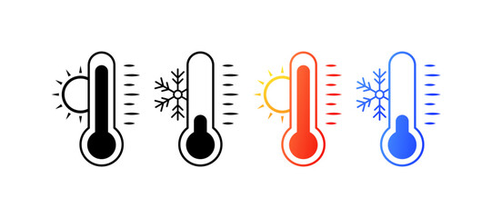 Thermometer icons. Different styles, thermometer with sun and snowflake, cold and heat on thermometer icons. Vector icons - obrazy, fototapety, plakaty