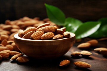 Healthy almonds in a wooden bowl on a dark wood table with green leaves. Generative AI