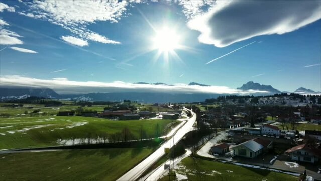 aerial germany bavaria highway A7 mountains sun near Fuessen