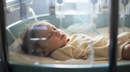 Newborn baby sleeping in the incubator - obrazy, fototapety, plakaty