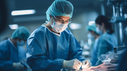 Female surgeon at work in the operating room - obrazy, fototapety, plakaty