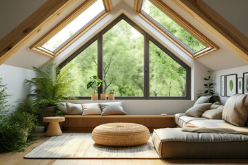 Design of modern living room with large mansard windows in frontal perspective. Modern luxury villa with attic window and domestic plants