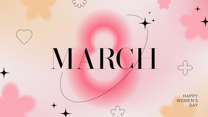 Fototapeta na wymiar Creative banner for 8 March. International Women's Day card. Y2k style trendy vector illustration with aesthetic blurry elements and linear forms. Minimalist design for party, ads, promo, cover.