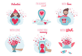 Set of valentines day vector illustrations. Flat style design.