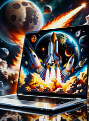 Launching space rocket from a laptop screen with Galaxy Universe Space Background Rocket Science Spaceship launching with fire smoke cloud within computer futuristic spacecraft rocket shuttle launch
