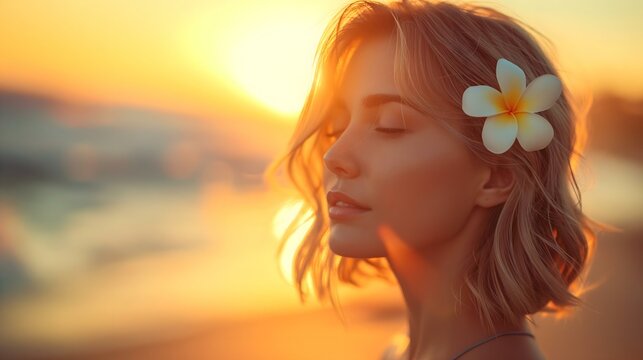 Portrait of woman on the beach with a flower in her hair