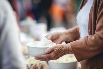 An elderly woman's hands offer a bowl of fresh cream at a local market. The transaction highlights traditional, homemade produce.