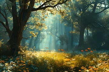 A painting of a path through a serene forest. Ideal for nature enthusiasts