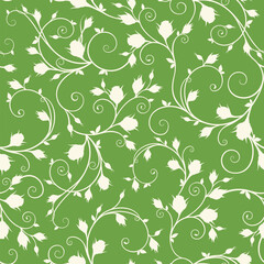 Seamless floral pattern with rose vines. Green and white floral print. Vector illustration