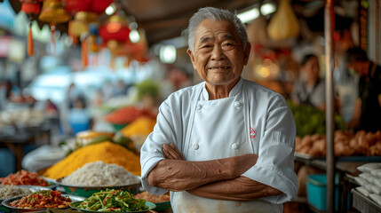 A passionate food vendor, colorful market stalls as the backdrop, adorned in chef's whites