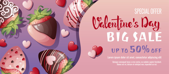 Valentine's day sale banner. Background, poster with ripe strawberries in chocolate. Discount voucher template for love day