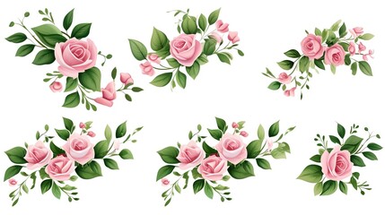 Spring sakura cherry blooming flowers bouquet. Isolated realistic pink petals, blossom, branches, leaves vector set. Design spring tree illustration,generative ai