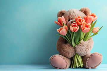 teddy bear with flowers. Teddy bear holding red tulips against natural blurred background, copy space. Cute bear with bouquet of red spring flowers. Post card or greeting card with plush teddy present - obrazy, fototapety, plakaty