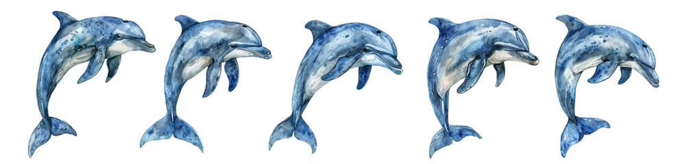 Watercolor dolphin set isolated on transparent background. 
