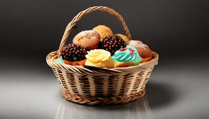 Cupcakes in a basket on a black background. Sweets.