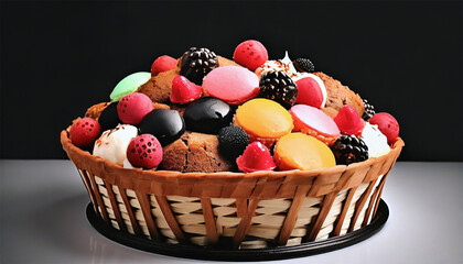 Basket of delicious cake with different fillings on a black background