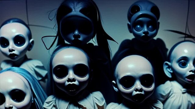 Scary dolls background. Seamless loop. AI generated