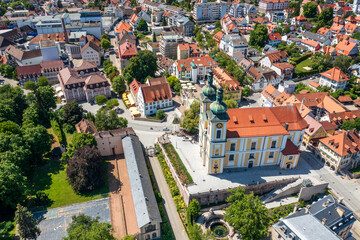 Aerial view of the city Donaueschingen in Germany and church St. Johannes Baptist