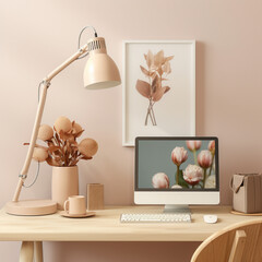 Modern design style desk, white desk lamp and green plants are placed on the desk, and there are decorative paintings on the wall
