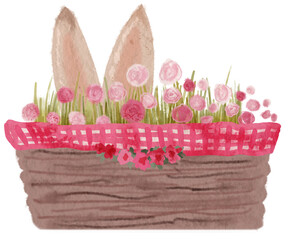 Easter basket with flowers and rabbit's ears. PNG transparent digitally hand painted illustration