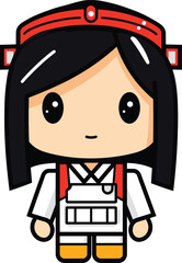 Cute cartoon firefighter girl, Asian female character in uniform. Child-friendly profession theme for education vector illustration.