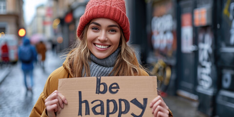 Frau mit Karton "Be Happy"