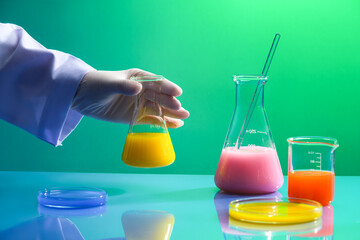 Female scientist with white glove holding a erlenmeyer flask of yellow chemical. Research and...