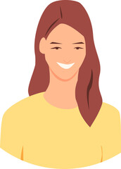 A face of a smiling girl with brown hair.  Transparent background. Vector illustration
