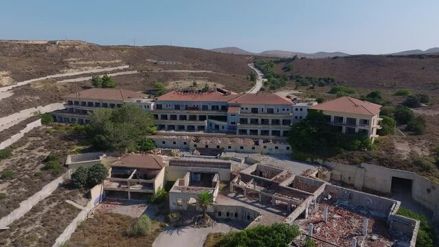 Ruins Of The Kaviria Abandoned Hotel In The Ghost Town Of Limnos, Greece. Aerial Drone Shot