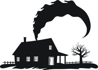 Silhouette of a cozy house with smoke coming from chimney under crescent moon. Halloween theme with spooky tree. Mystical night and haunted house vector illustration.