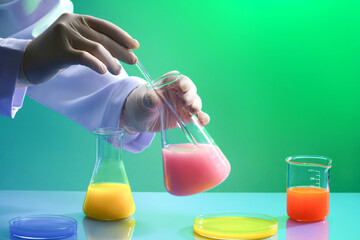 A scientist using a glass rod to stir pink chemical inside a conical flask. Scientist working in chemical medicine biotechnology or medical ecology lab technology